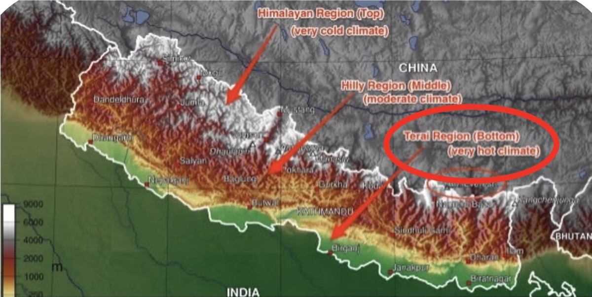 Physical map of Nepal showing its three geographical regions